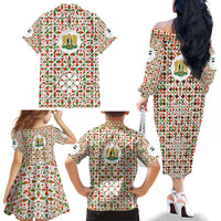 Syria Geometric Pattern Family Matching Off The Shoulder Long Sleeve Dress and Hawaiian Shirt with Traditional Arab Tile Motif and Flag Emblem