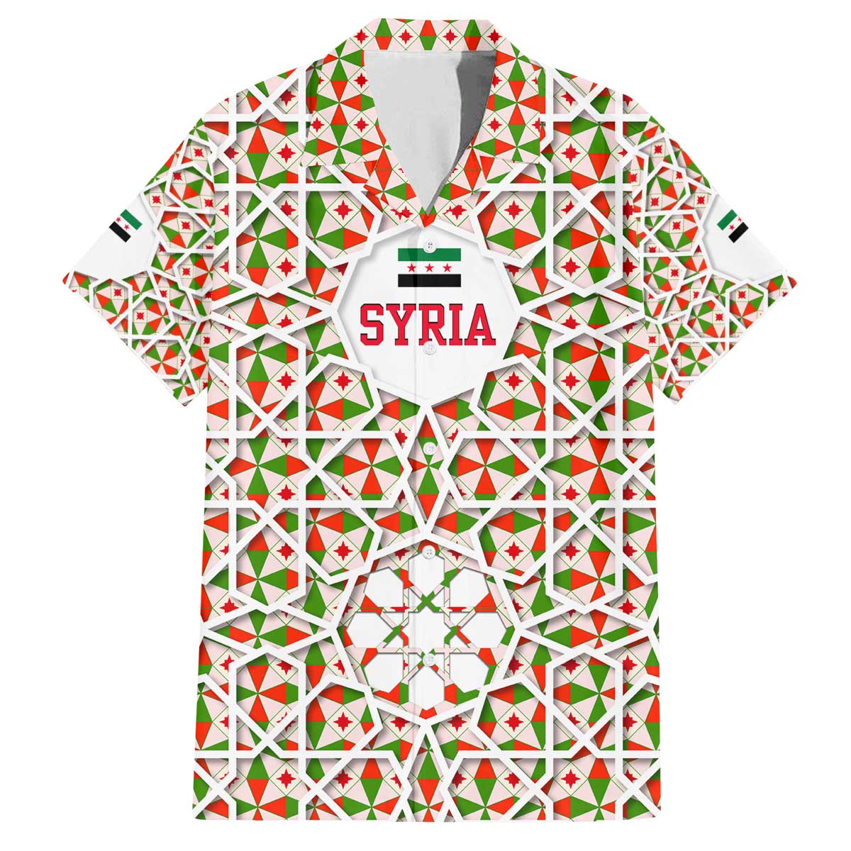 Syria Geometric Pattern Family Matching Off The Shoulder Long Sleeve Dress and Hawaiian Shirt with Traditional Arab Tile Motif and Flag Emblem