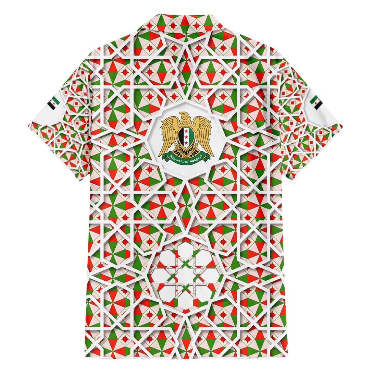 Syria Geometric Pattern Family Matching Off The Shoulder Long Sleeve Dress and Hawaiian Shirt with Traditional Arab Tile Motif and Flag Emblem