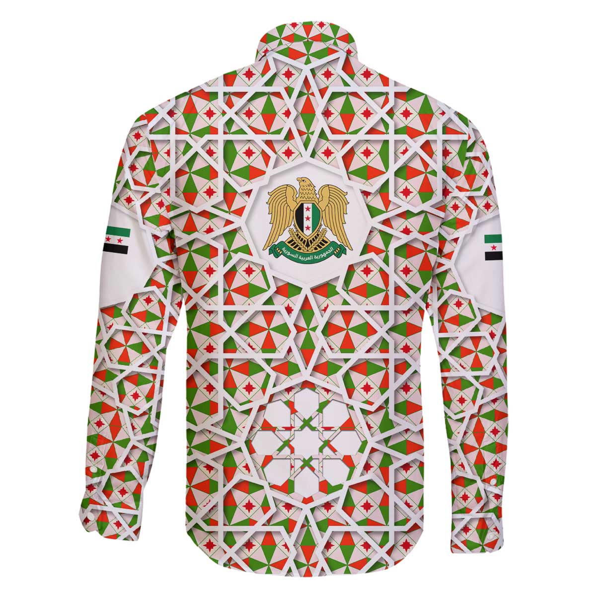 Syria Geometric Pattern Family Matching Off The Shoulder Long Sleeve Dress and Hawaiian Shirt with Traditional Arab Tile Motif and Flag Emblem