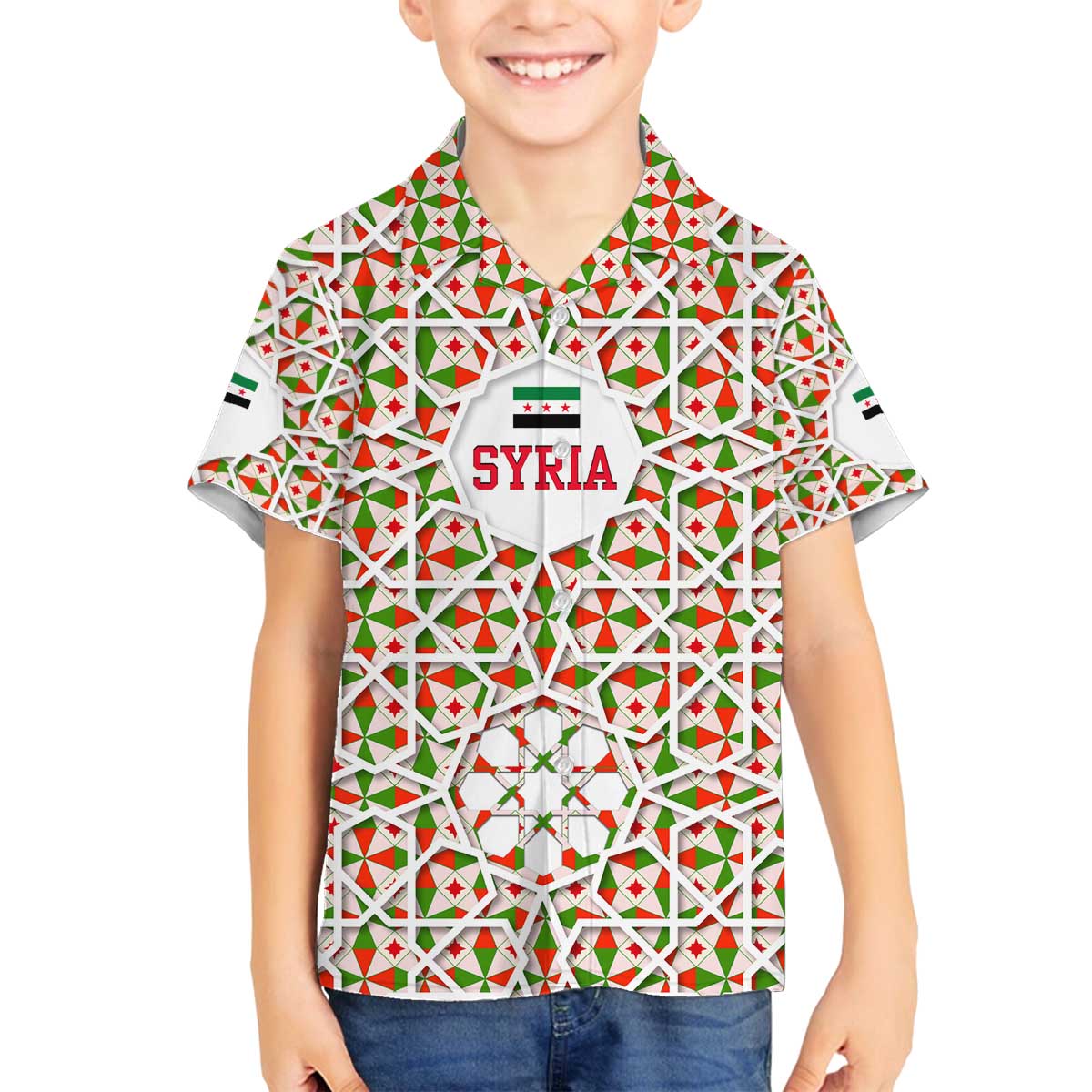 Syria Geometric Pattern Family Matching Off The Shoulder Long Sleeve Dress and Hawaiian Shirt with Traditional Arab Tile Motif and Flag Emblem