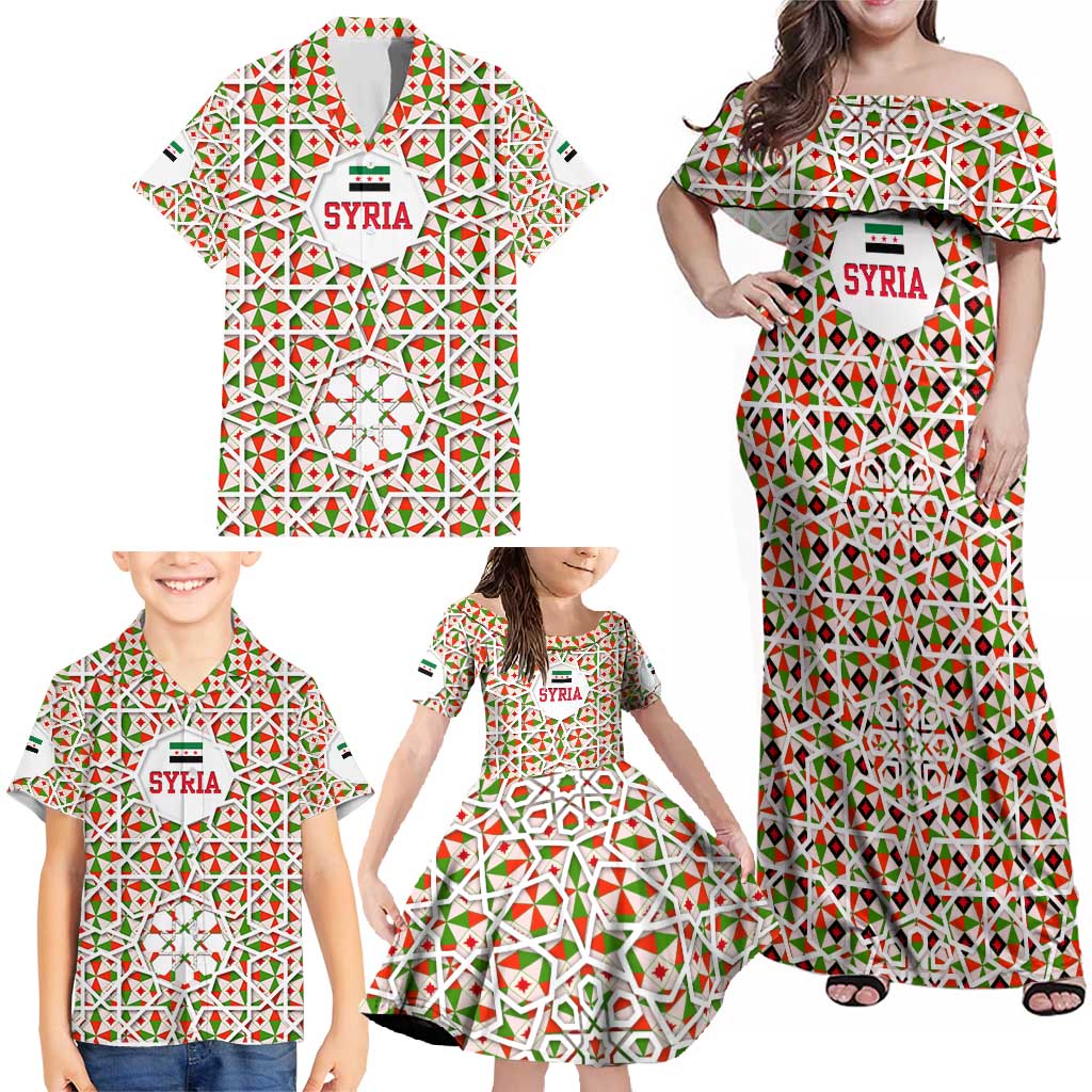 Syria Geometric Pattern Family Matching Off Shoulder Maxi Dress and Hawaiian Shirt with Traditional Arab Tile Motif and Flag Emblem