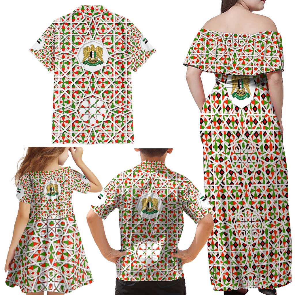Syria Geometric Pattern Family Matching Off Shoulder Maxi Dress and Hawaiian Shirt with Traditional Arab Tile Motif and Flag Emblem