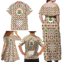 Syria Geometric Pattern Family Matching Off Shoulder Maxi Dress and Hawaiian Shirt with Traditional Arab Tile Motif and Flag Emblem