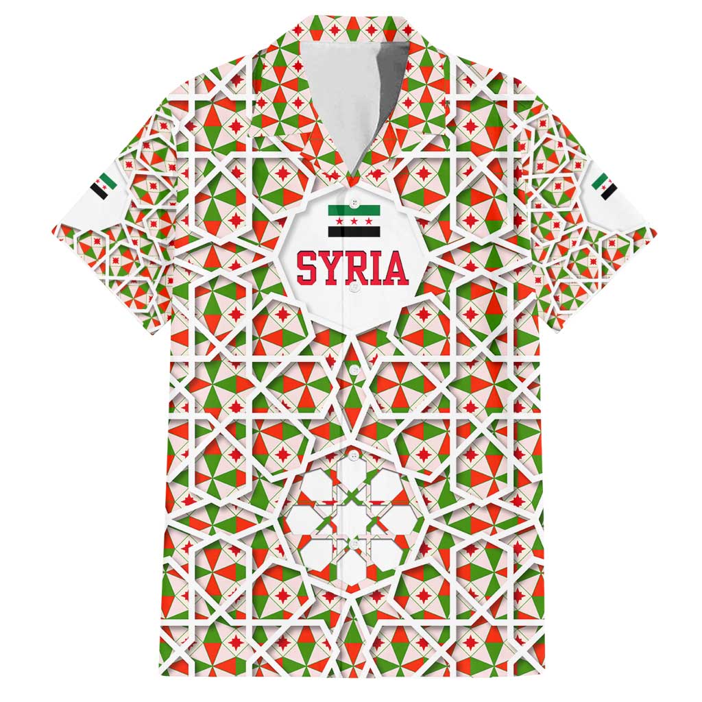 Syria Geometric Pattern Family Matching Off Shoulder Maxi Dress and Hawaiian Shirt with Traditional Arab Tile Motif and Flag Emblem