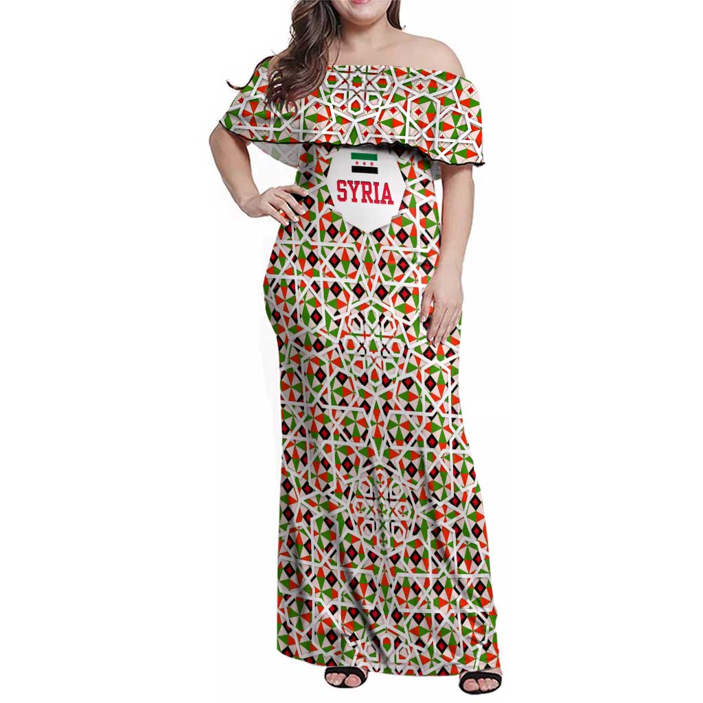 Syria Geometric Pattern Family Matching Off Shoulder Maxi Dress and Hawaiian Shirt with Traditional Arab Tile Motif and Flag Emblem