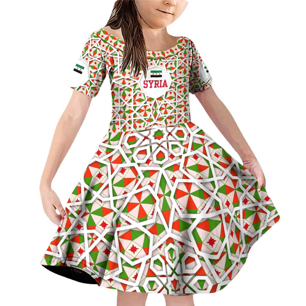Syria Geometric Pattern Family Matching Off Shoulder Short Dress and Hawaiian Shirt with Traditional Arab Tile Motif and Flag Emblem