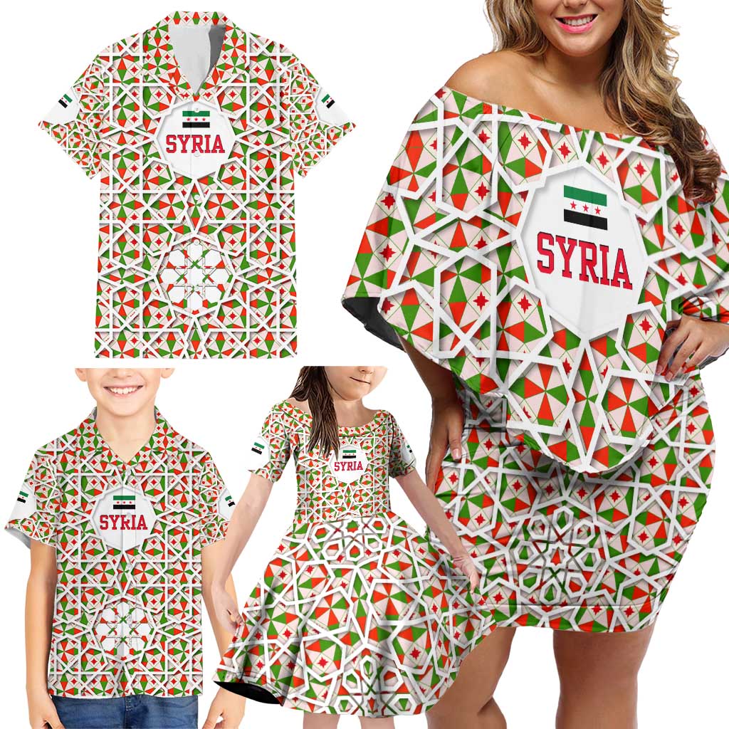 Syria Geometric Pattern Family Matching Off Shoulder Short Dress and Hawaiian Shirt with Traditional Arab Tile Motif and Flag Emblem