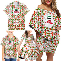 Syria Geometric Pattern Family Matching Off Shoulder Short Dress and Hawaiian Shirt with Traditional Arab Tile Motif and Flag Emblem