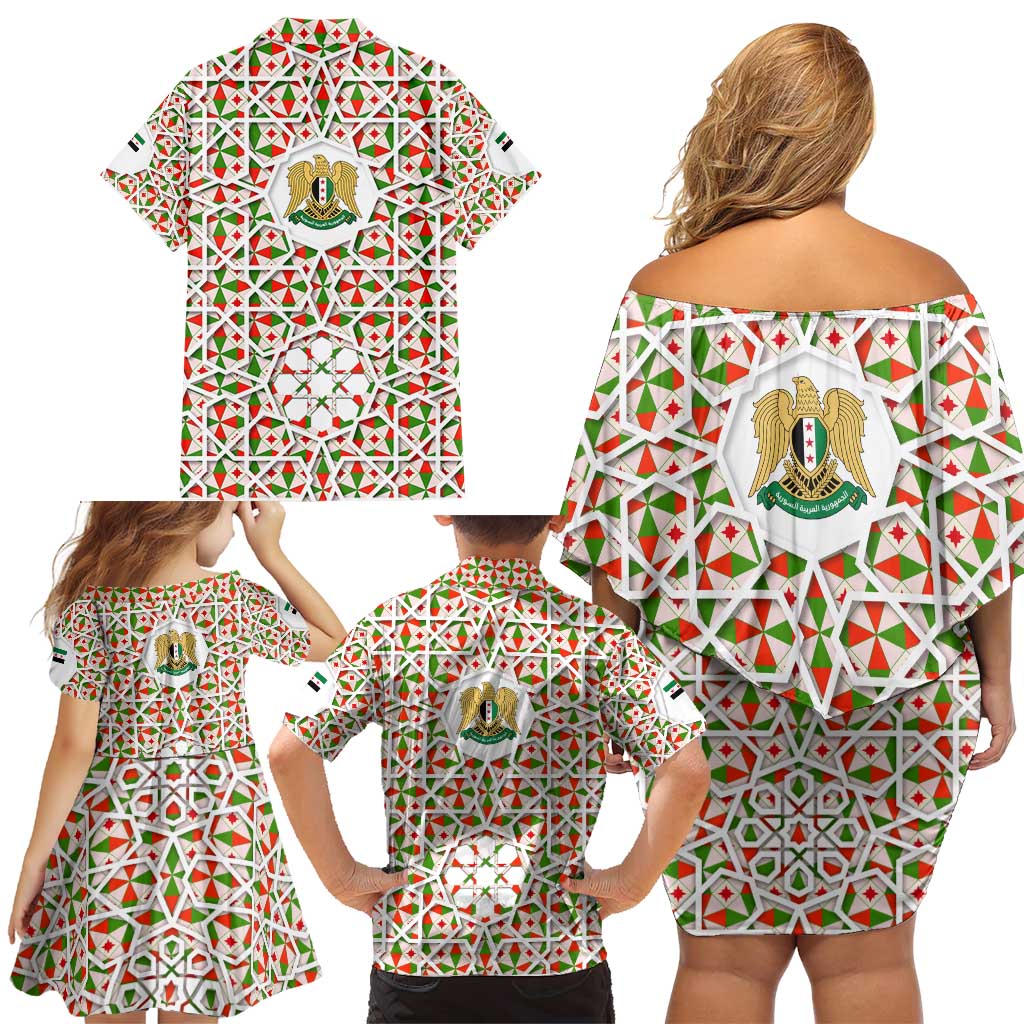 Syria Geometric Pattern Family Matching Off Shoulder Short Dress and Hawaiian Shirt with Traditional Arab Tile Motif and Flag Emblem
