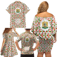 Syria Geometric Pattern Family Matching Off Shoulder Short Dress and Hawaiian Shirt with Traditional Arab Tile Motif and Flag Emblem