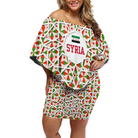 Syria Geometric Pattern Family Matching Off Shoulder Short Dress and Hawaiian Shirt with Traditional Arab Tile Motif and Flag Emblem