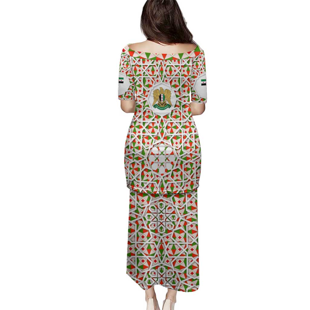 Syria Geometric Pattern Family Matching Puletasi and Hawaiian Shirt with Traditional Arab Tile Motif and Flag Emblem