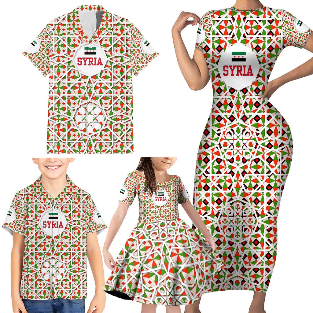 Syria Geometric Pattern Family Matching Short Sleeve Bodycon Dress and Hawaiian Shirt with Traditional Arab Tile Motif and Flag Emblem