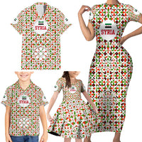 Syria Geometric Pattern Family Matching Short Sleeve Bodycon Dress and Hawaiian Shirt with Traditional Arab Tile Motif and Flag Emblem