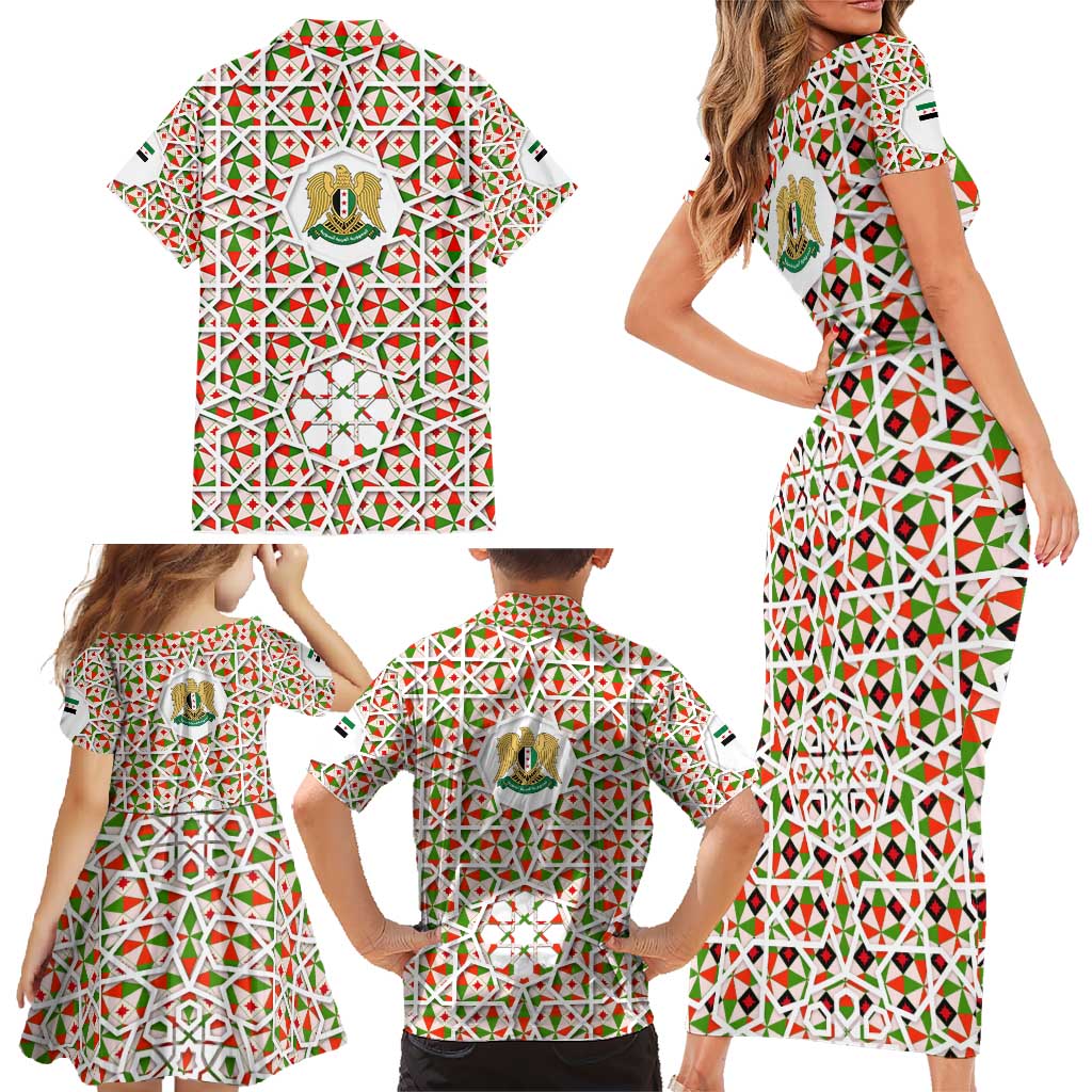 Syria Geometric Pattern Family Matching Short Sleeve Bodycon Dress and Hawaiian Shirt with Traditional Arab Tile Motif and Flag Emblem