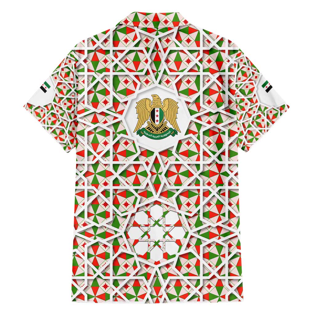 Syria Geometric Pattern Family Matching Short Sleeve Bodycon Dress and Hawaiian Shirt with Traditional Arab Tile Motif and Flag Emblem