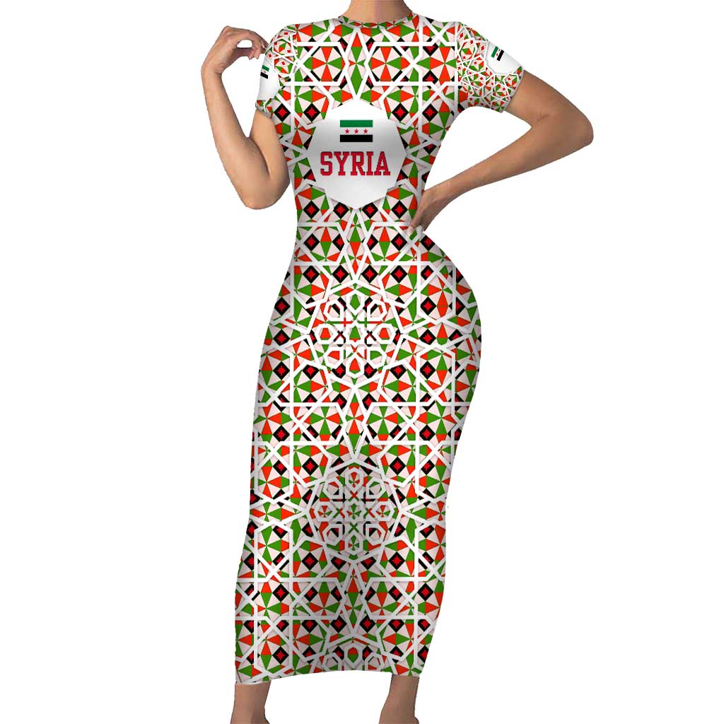 Syria Geometric Pattern Family Matching Short Sleeve Bodycon Dress and Hawaiian Shirt with Traditional Arab Tile Motif and Flag Emblem