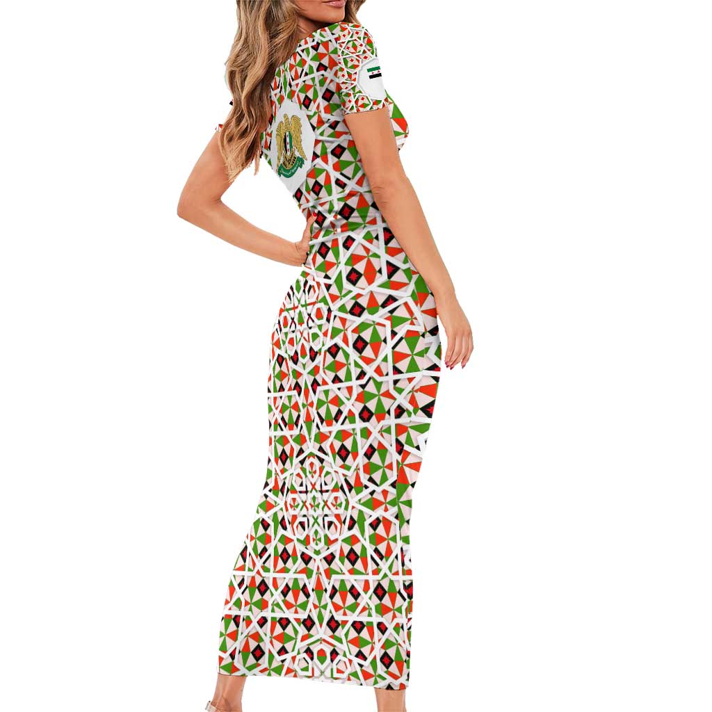 Syria Geometric Pattern Family Matching Short Sleeve Bodycon Dress and Hawaiian Shirt with Traditional Arab Tile Motif and Flag Emblem