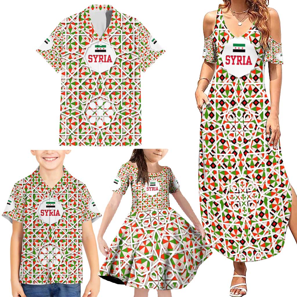 Syria Geometric Pattern Family Matching Summer Maxi Dress and Hawaiian Shirt with Traditional Arab Tile Motif and Flag Emblem