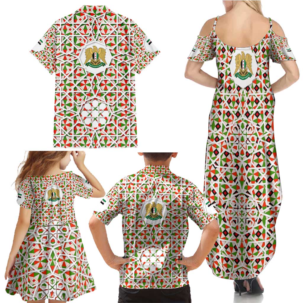Syria Geometric Pattern Family Matching Summer Maxi Dress and Hawaiian Shirt with Traditional Arab Tile Motif and Flag Emblem