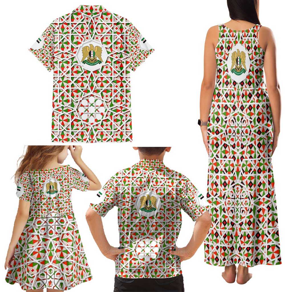 Syria Geometric Pattern Family Matching Tank Maxi Dress and Hawaiian Shirt with Traditional Arab Tile Motif and Flag Emblem