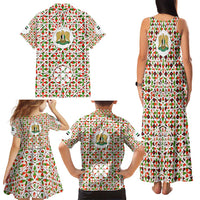Syria Geometric Pattern Family Matching Tank Maxi Dress and Hawaiian Shirt with Traditional Arab Tile Motif and Flag Emblem