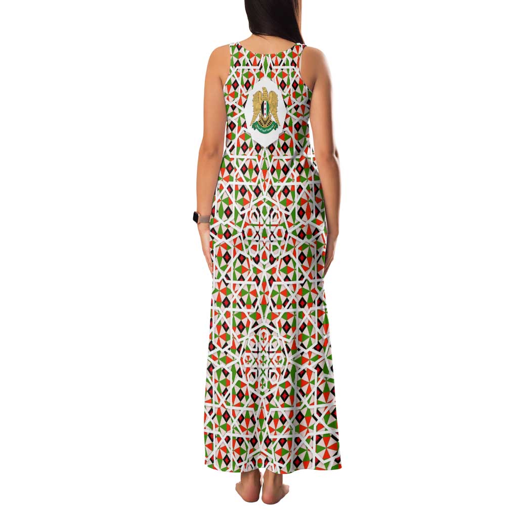 Syria Geometric Pattern Family Matching Tank Maxi Dress and Hawaiian Shirt with Traditional Arab Tile Motif and Flag Emblem