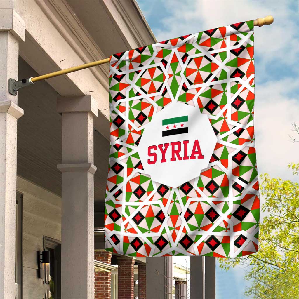 Syria Geometric Pattern Garden Flag with Traditional Arab Tile Motif and Flag Emblem