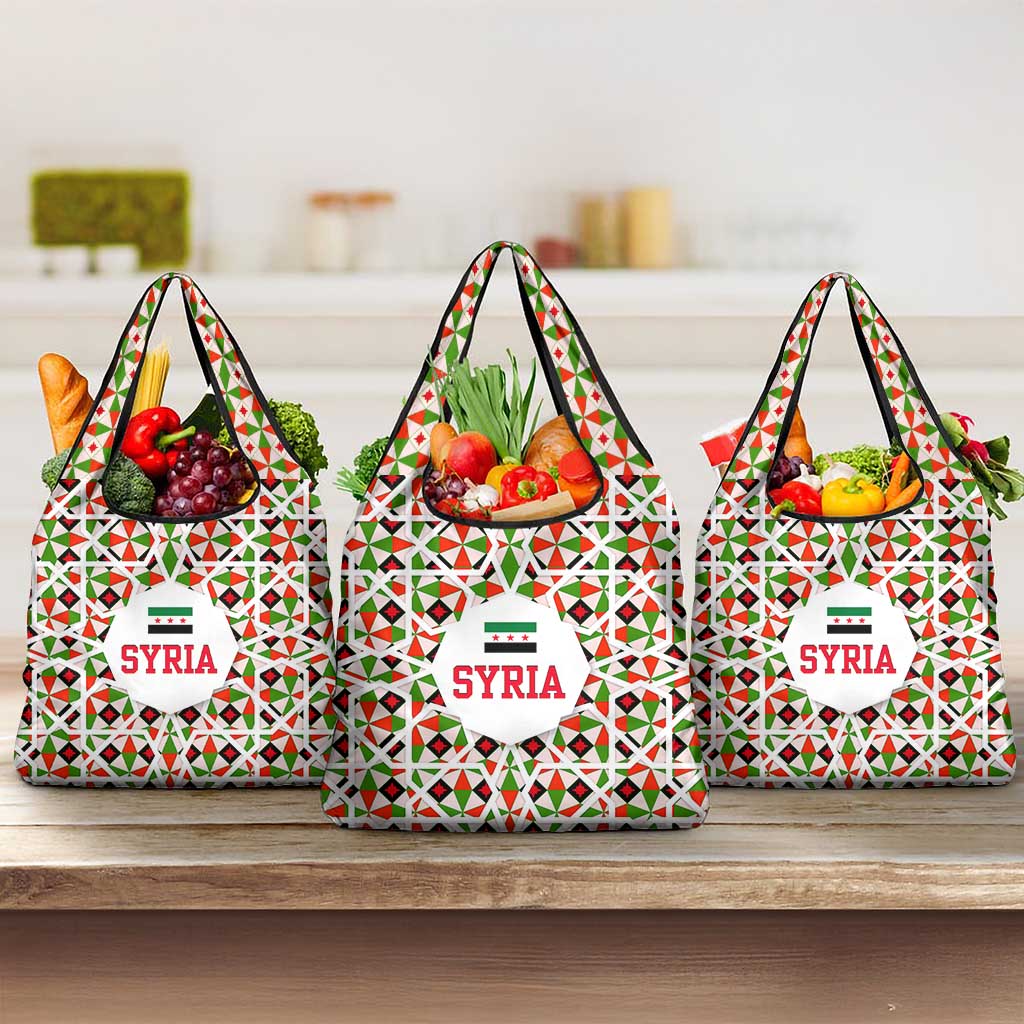 Syria Geometric Pattern Grocery Bag with Traditional Arab Tile Motif and Flag Emblem