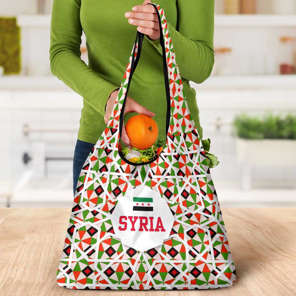 Syria Geometric Pattern Grocery Bag with Traditional Arab Tile Motif and Flag Emblem