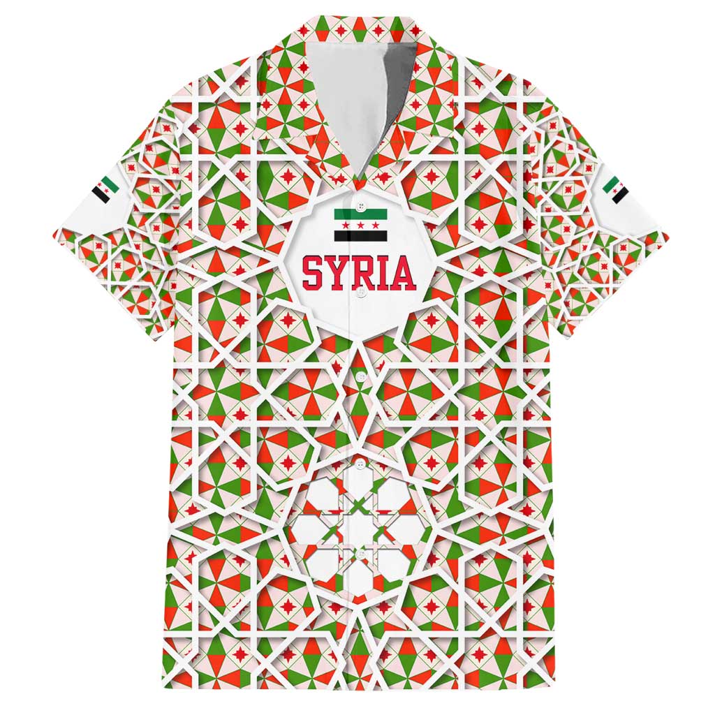 Syria Geometric Pattern Hawaiian Shirt with Traditional Arab Tile Motif and Flag Emblem