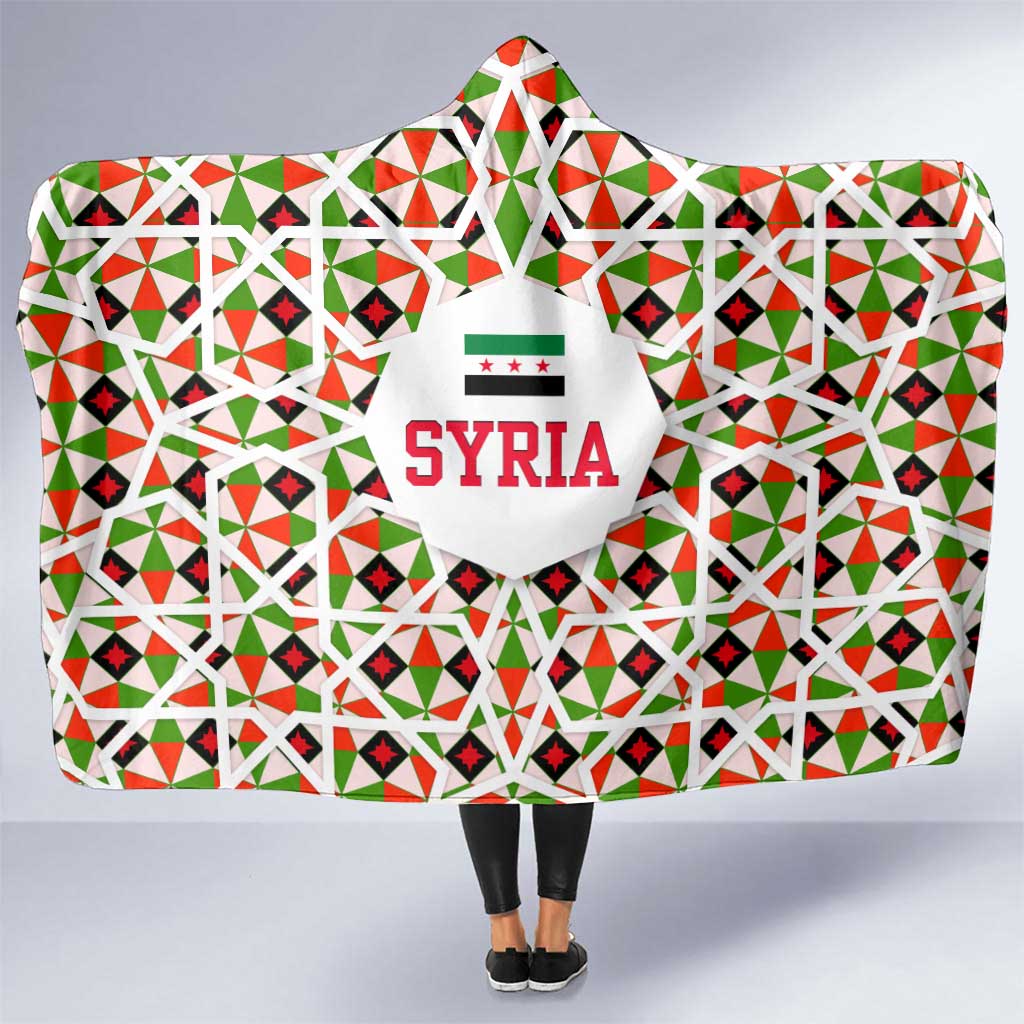 Syria Geometric Pattern Hooded Blanket with Traditional Arab Tile Motif and Flag Emblem