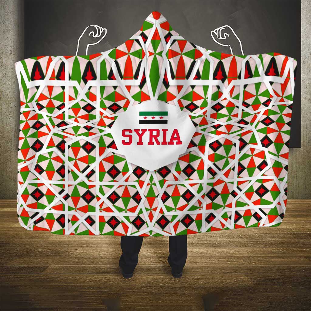Syria Geometric Pattern Hooded Blanket with Traditional Arab Tile Motif and Flag Emblem