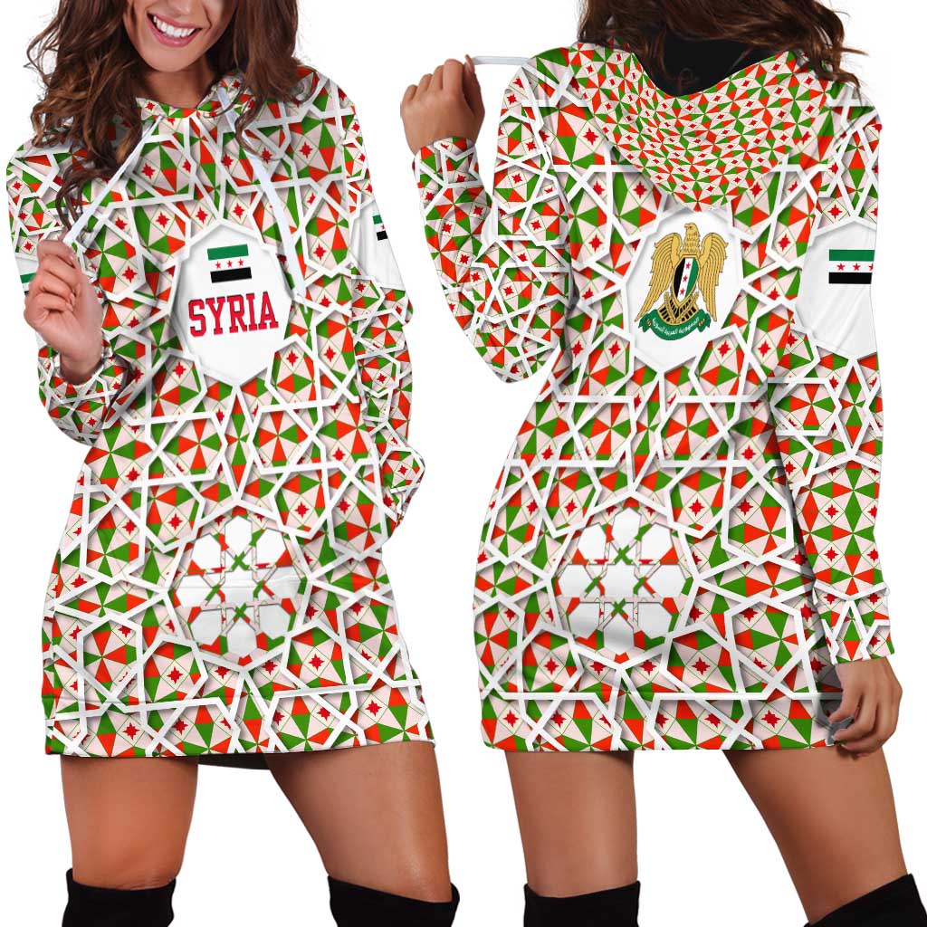 Syria Geometric Pattern Hoodie Dress with Traditional Arab Tile Motif and Flag Emblem