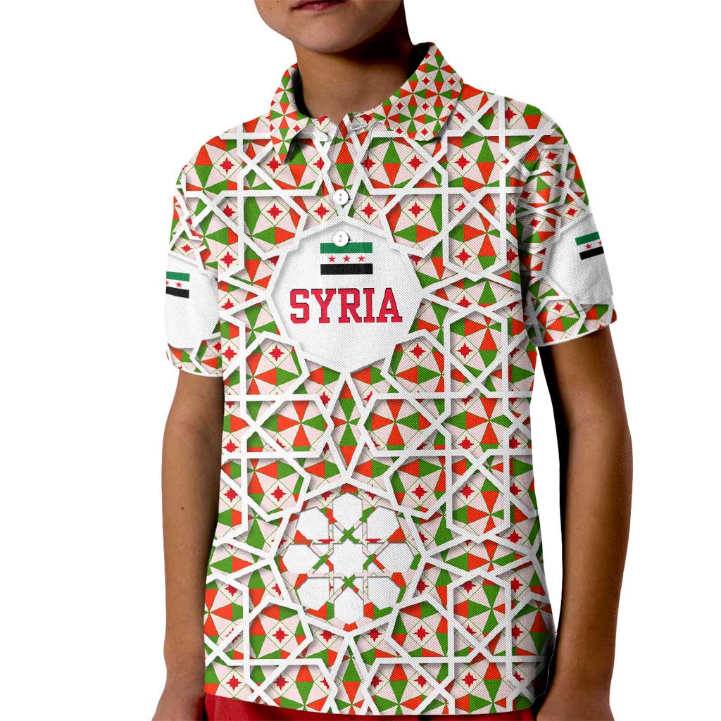 Syria Geometric Pattern Kid Polo Shirt with Traditional Arab Tile Motif and Flag Emblem