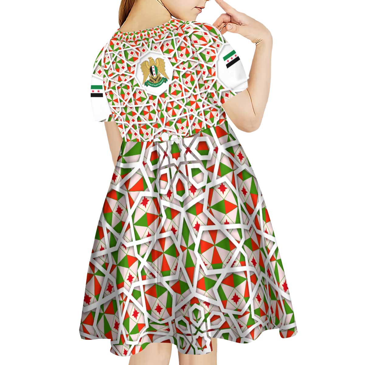 Syria Geometric Pattern Kid Short Sleeve Dress with Traditional Arab Tile Motif and Flag Emblem