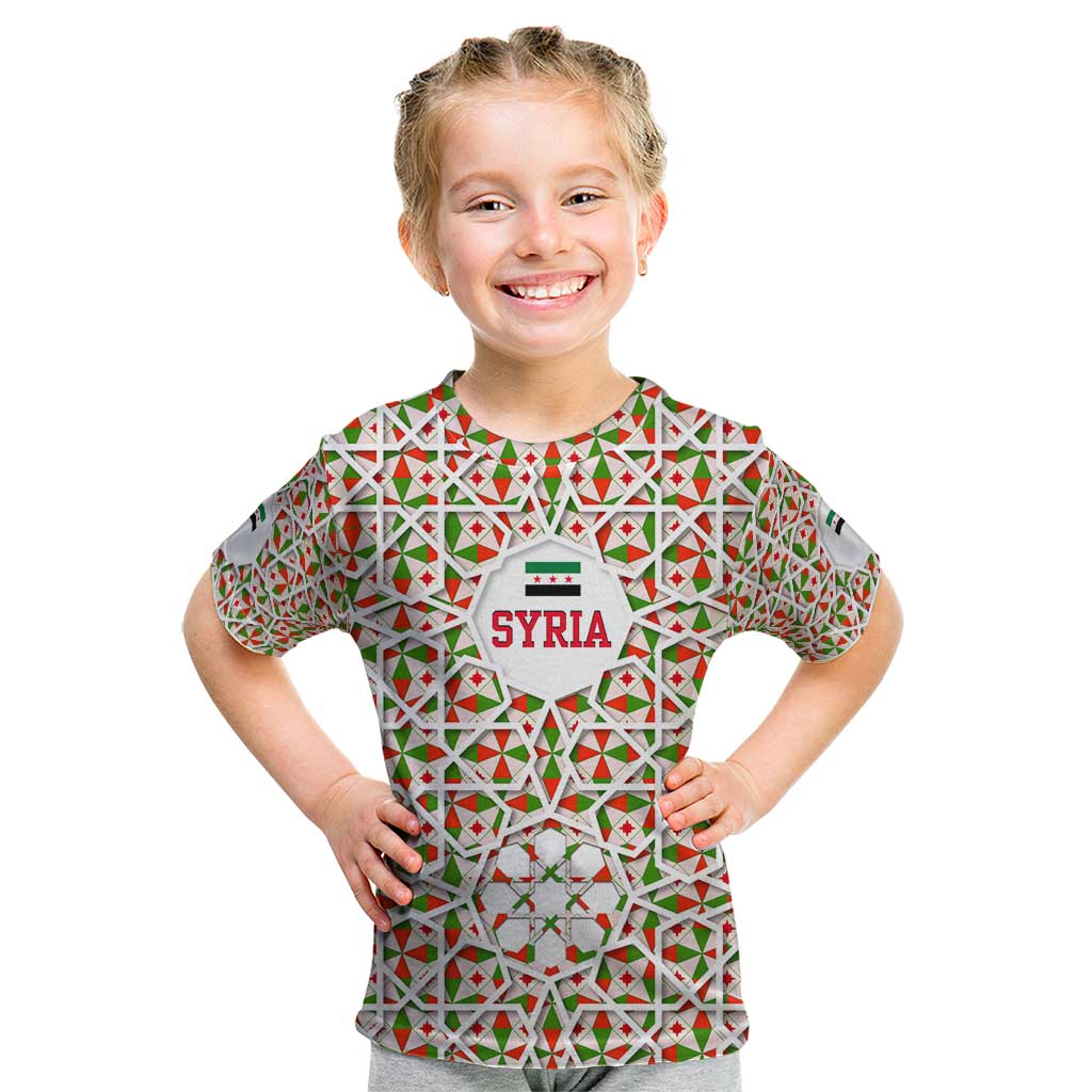 Syria Geometric Pattern Kid T Shirt with Traditional Arab Tile Motif and Flag Emblem