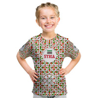 Syria Geometric Pattern Kid T Shirt with Traditional Arab Tile Motif and Flag Emblem