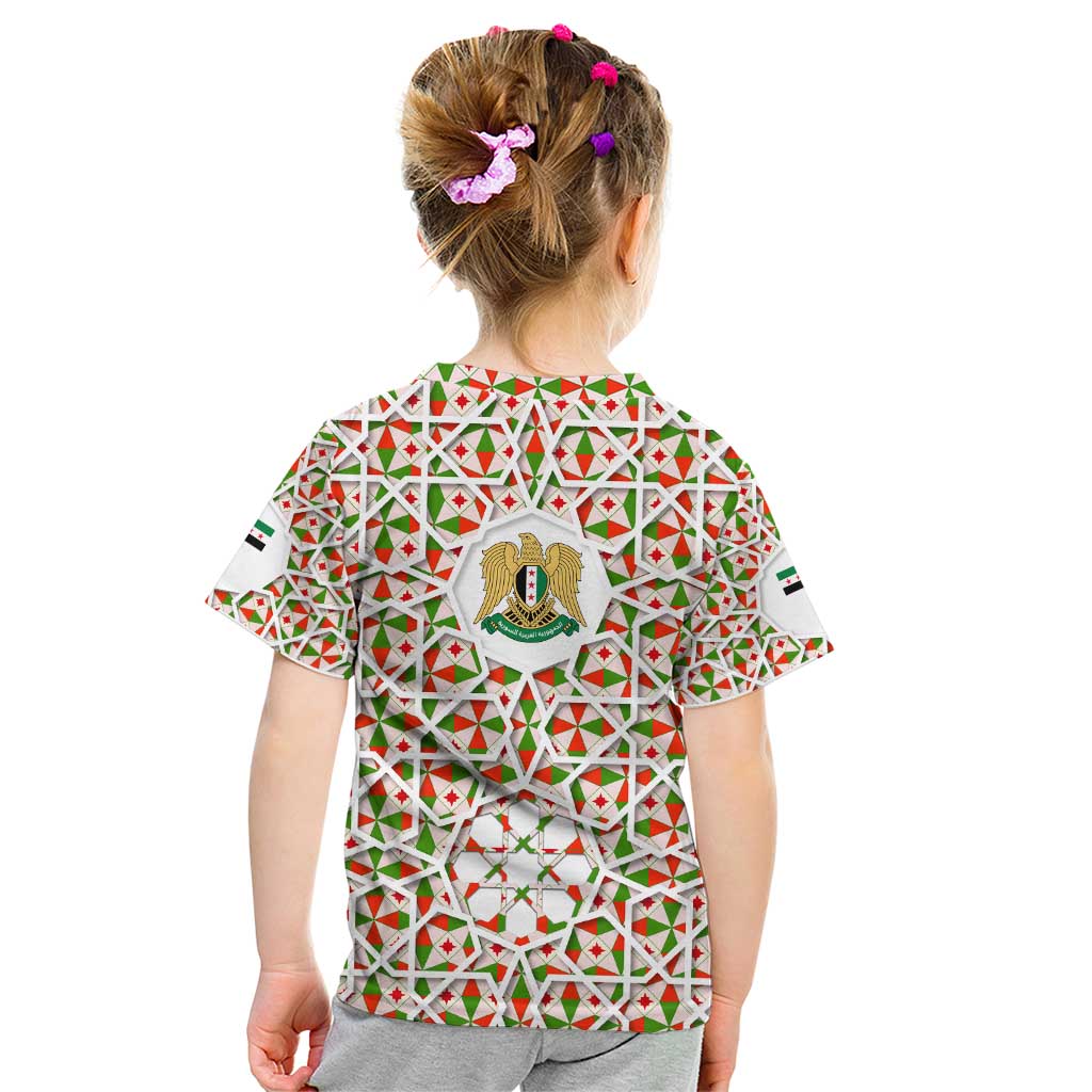 Syria Geometric Pattern Kid T Shirt with Traditional Arab Tile Motif and Flag Emblem