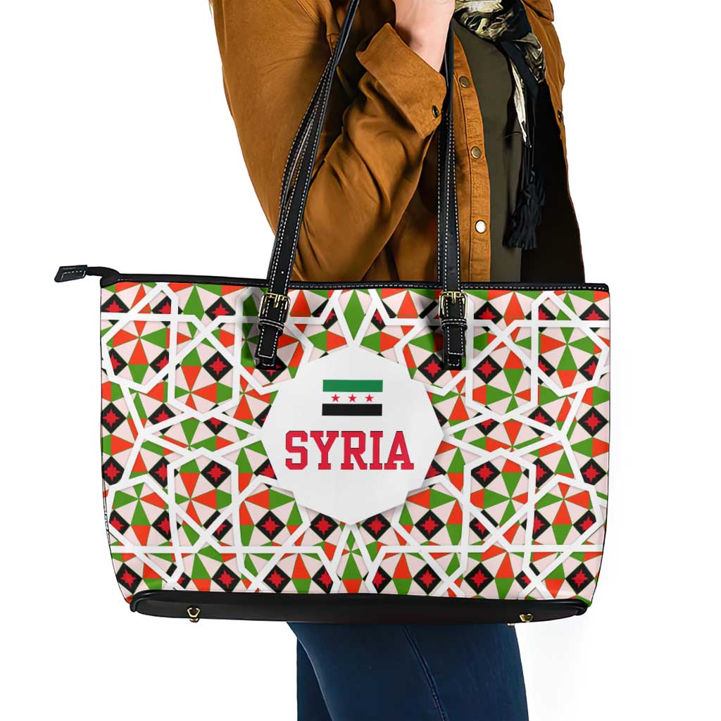 Syria Geometric Pattern Leather Tote Bag with Traditional Arab Tile Motif and Flag Emblem
