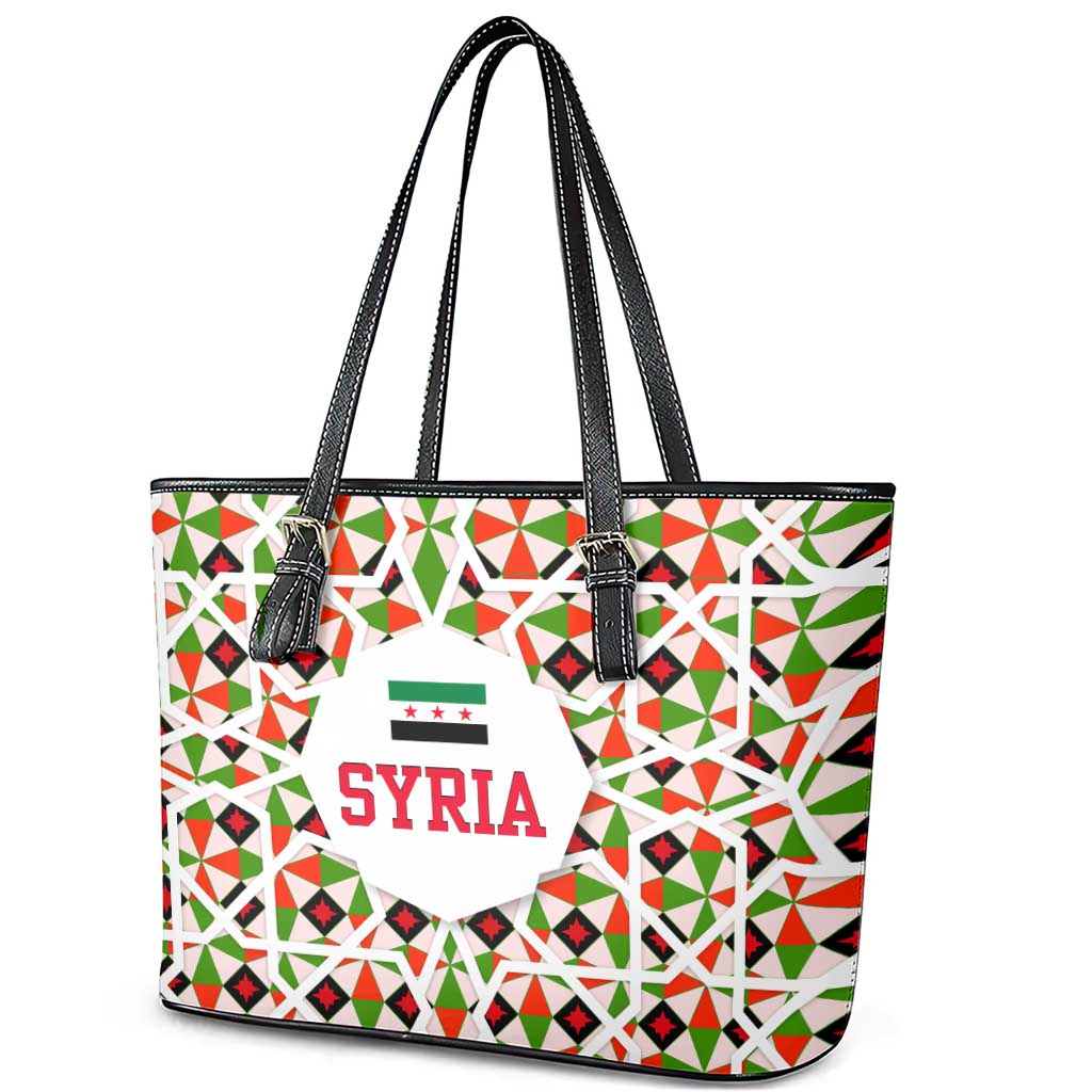 Syria Geometric Pattern Leather Tote Bag with Traditional Arab Tile Motif and Flag Emblem