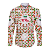 Syria Geometric Pattern Long Sleeve Button Shirt with Traditional Arab Tile Motif and Flag Emblem