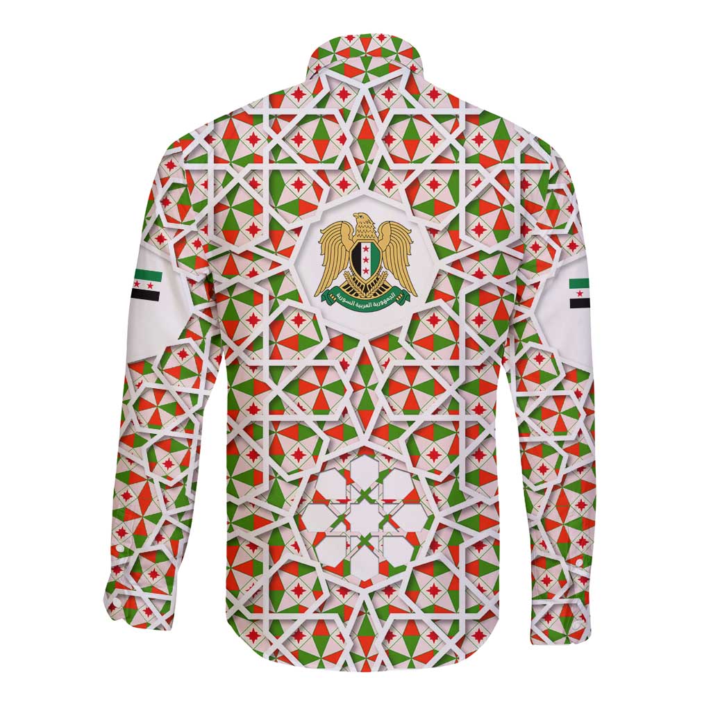 Syria Geometric Pattern Long Sleeve Button Shirt with Traditional Arab Tile Motif and Flag Emblem