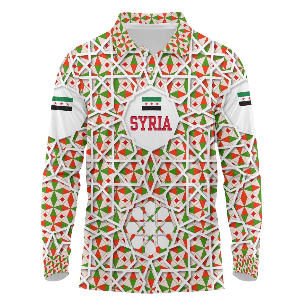 Syria Geometric Pattern Long Sleeve Polo Shirt with Traditional Arab Tile Motif and Flag Emblem