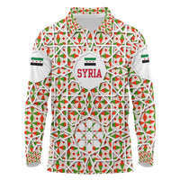 Syria Geometric Pattern Long Sleeve Polo Shirt with Traditional Arab Tile Motif and Flag Emblem