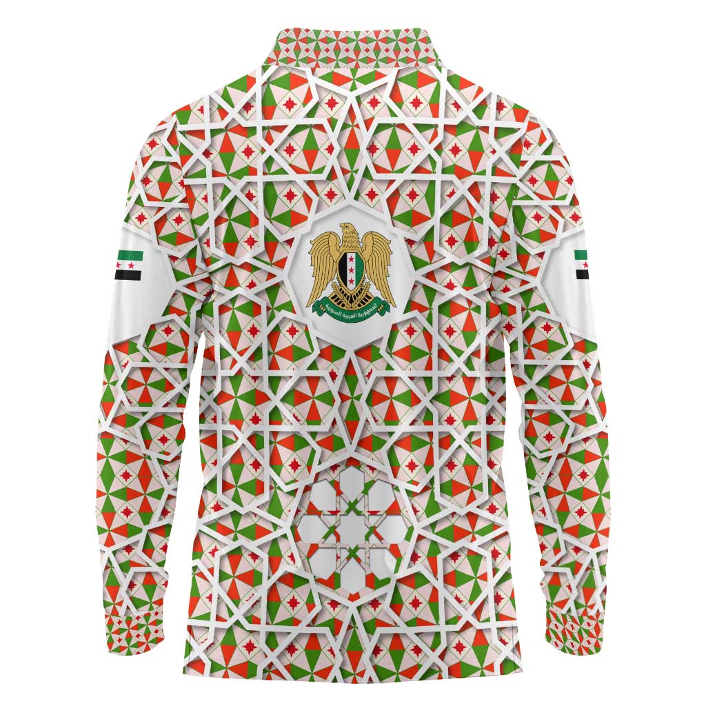 Syria Geometric Pattern Long Sleeve Polo Shirt with Traditional Arab Tile Motif and Flag Emblem