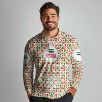 Syria Geometric Pattern Long Sleeve Polo Shirt with Traditional Arab Tile Motif and Flag Emblem