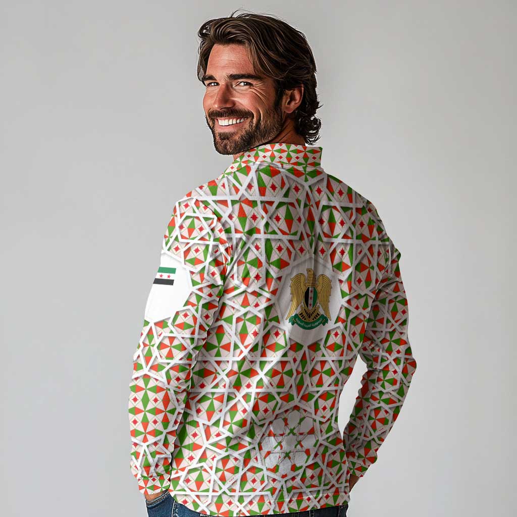 Syria Geometric Pattern Long Sleeve Polo Shirt with Traditional Arab Tile Motif and Flag Emblem