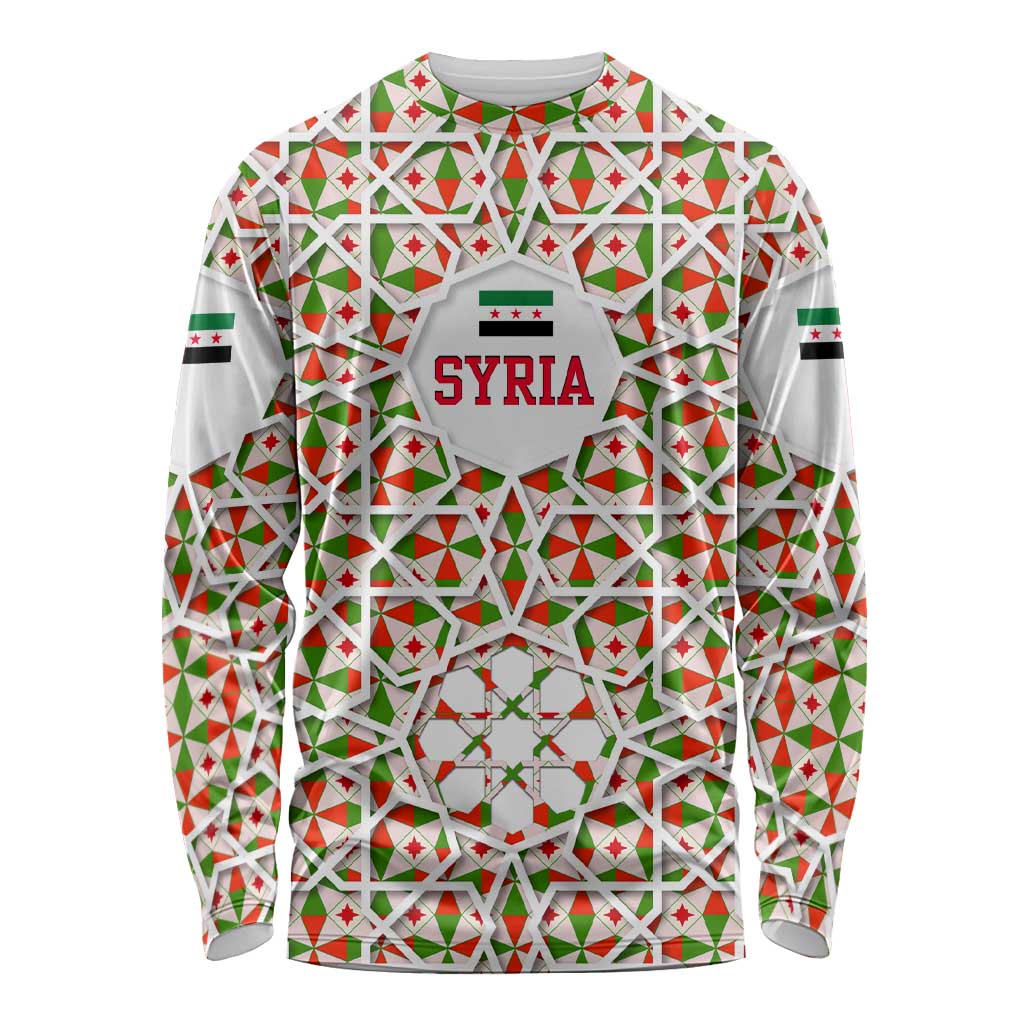 Syria Geometric Pattern Long Sleeve Shirt with Traditional Arab Tile Motif and Flag Emblem